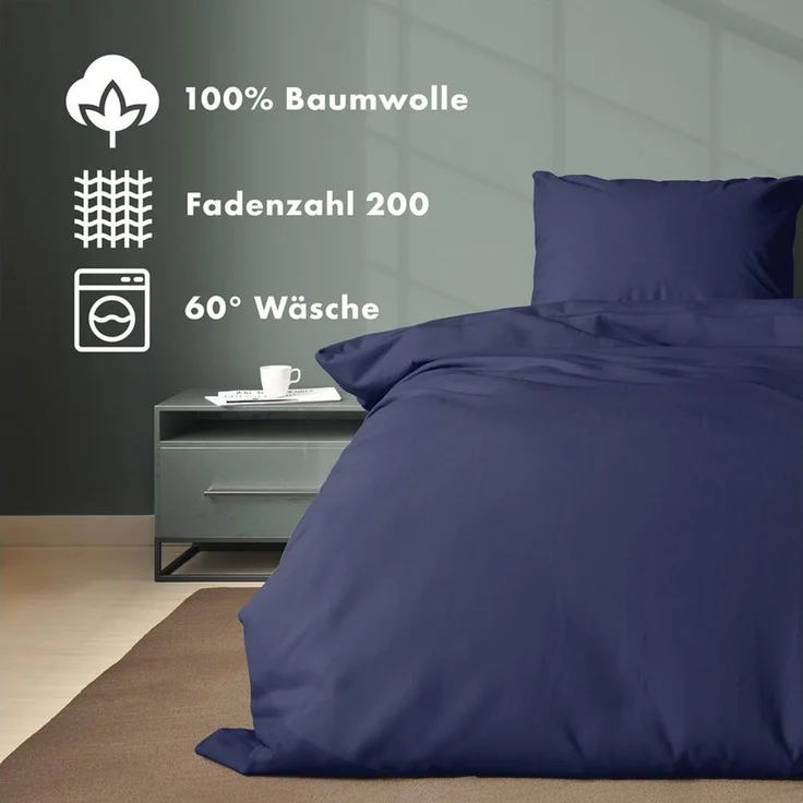 JACOBSON Bettwäsche 135x200 Set - 100% Baumwolle Bettbezug 135x200 cm + 1 Kissenbezug 80x80 cm, Perkal Bettwäsche 2-teilig mit Reißverschluss (135x200 cm, Dunkelblau, 2-teilig) – Bild 3