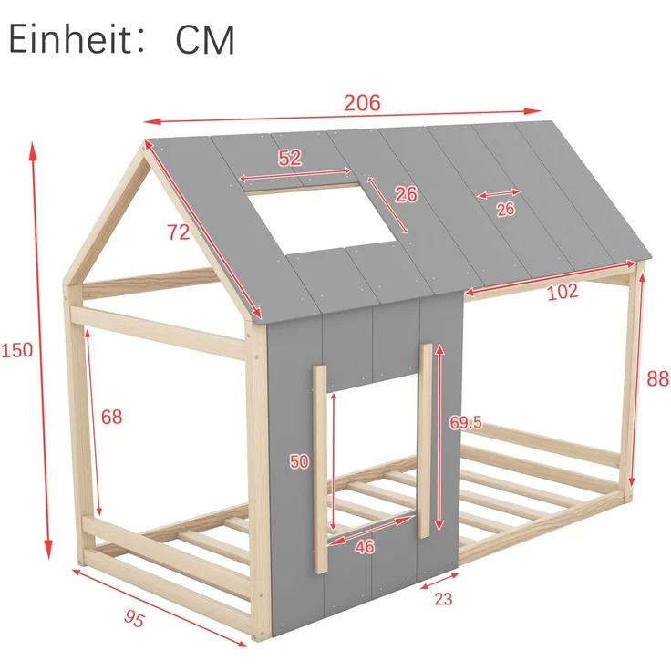 Kinderbett 90x200 cm in Hausform, Montessori Bett mit Dach und Fenster,offenes Design zum Dekorieren,Natur & Grau – Bild 5