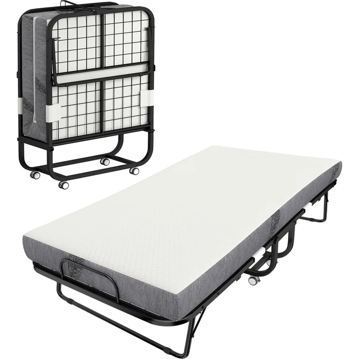 Klappbett für 1 Person, 200 x 80 cm, mit Matratze, zusammenklappbares und transportables Zusatzbett auf Rollen, Stahlrahmen, weiß