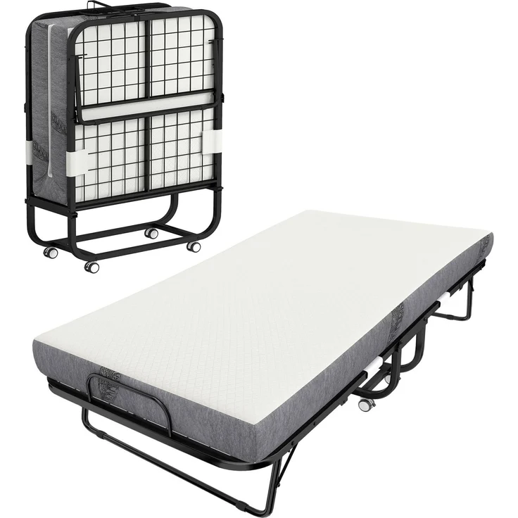 Klappbett für 1 Person, 200 x 80 cm, mit Matratze, zusammenklappbares und transportables Zusatzbett auf Rollen, Stahlrahmen, weiß – Bild 1
