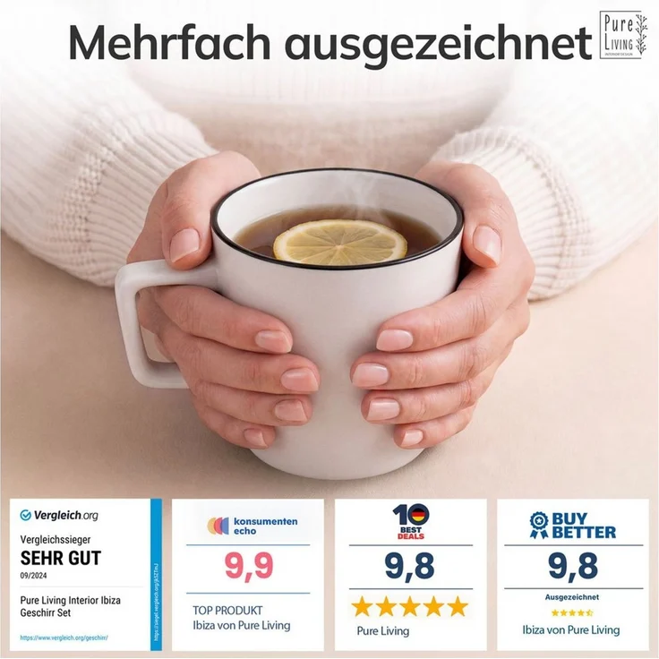 PURE LIVING INTERIOR DESIGN Geschirr-Set Scandi Becher, 6er-Set, 365 ml, Weiß - Schwarzer Rand, Porzellan (6-tlg), 6 Personen, Porzellan – Bild 3