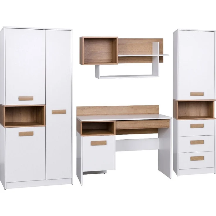 Marmex Möbel Grant Set-A Jugendzimmer Komplett-Set 4-teilig mit Kleiderschrank, Schreibtisch, Wandregal, geschlossenes Regal, Kinderzimmermöbel mit Schreibtisch, laminierte Spanplatte, Kleiderstange, weiß+riviera Eiche, 250x195x55 cm – Bild 7