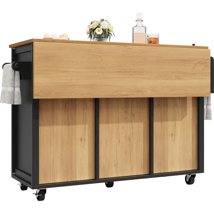 Multifunktionale Kücheninsel Schwarz 137,9×73×92,5 cm, Klapptisch, 4 Schubladen, Glastüren, Handtuch- & Gewürzregale, 92.5cmx137.9cmx45-73cm – Bild 10