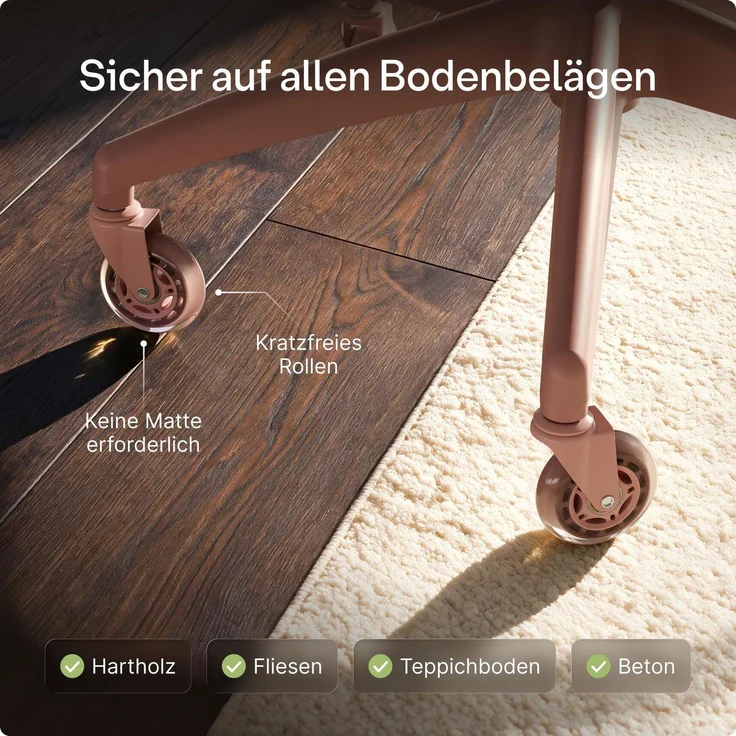 Desktronic Bürostuhlrollen Rosa, Ersatzrollen 360°, Set 5 Stück, Ersatzräder für Bürostühle auf Teppich- und Parkettböden – Bild 3