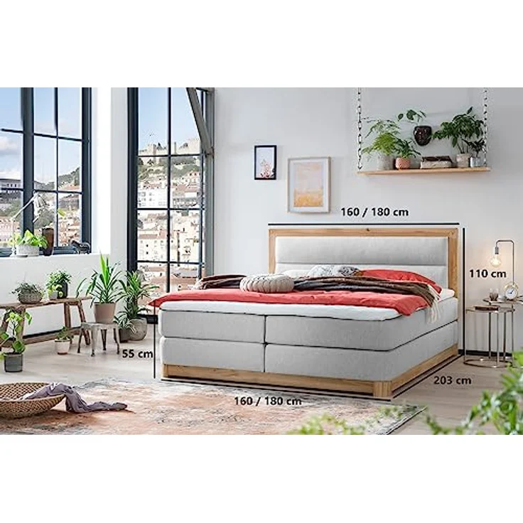 Belanoti Boxspringbett Age (Boxspringbett 180x200 Eiche 7-Zonen Taschenfederkern Matratze, inkl Visco Topper Bett 180x200 in der Farbe Hellgrau H2/H3 Polsterbett), Hotelbett mit Massivholz Eiche Massivholzbett – Bild 7