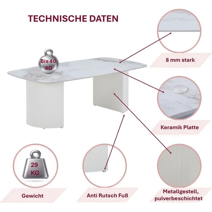 HOOZ Wohnzimmertisch Couchtisch Set 130x70 cm Weiß – moderner Sofatisch, Keramik (Einzelprodukt, 1× Couchtisch), Keramik-Tischplatte, Travertin-Optik (marmoriert), pflegeleicht – Bild 3