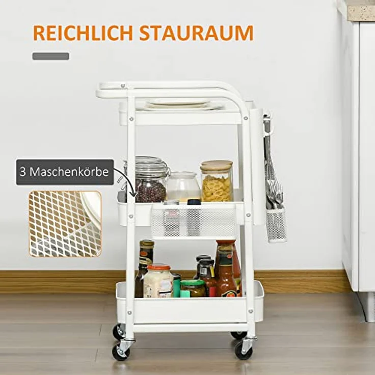 HOMCOM Servierwagen mit 3 Ebenen Küchenwagen mit Rollen Griff Rollwagen mit Haken und Korb, Küchenregal, Allzweckwagen für Küche Büro Badezimmer, Weiß – Bild 4