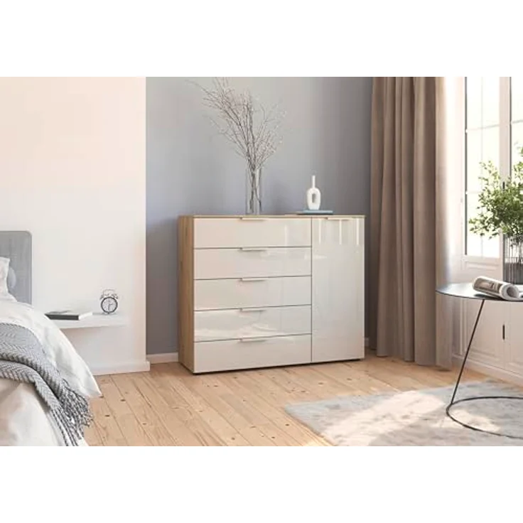 Rauch Möbel Flipp, Kommode für Schlafzimmer, Kinderzimmer, Wohnzimmer, Jugendzimmer, Flur, Garderobe, 1-türig, 5 Schubladen, mit Softclose-Funktion, Farbe Eiche Artisan, Holz/Glas Beige, Breite 120 cm – Bild 3