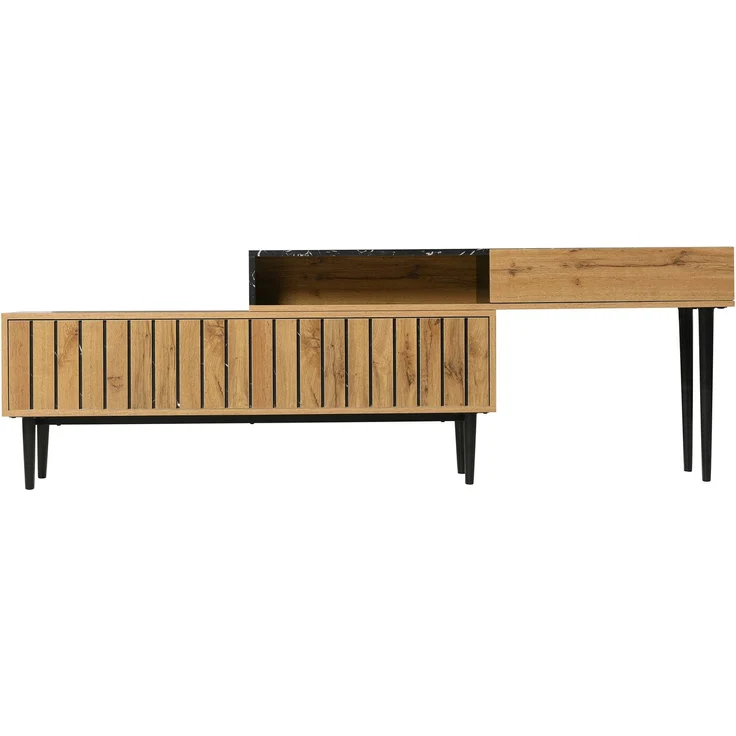 Merax Lowboard mit Tischplatte in Marmoroptik und Metallbeine, TV-Schrank stapelbar, TV-Board Länge verstellbar, Bis 200cm, Natur – Bild 10
