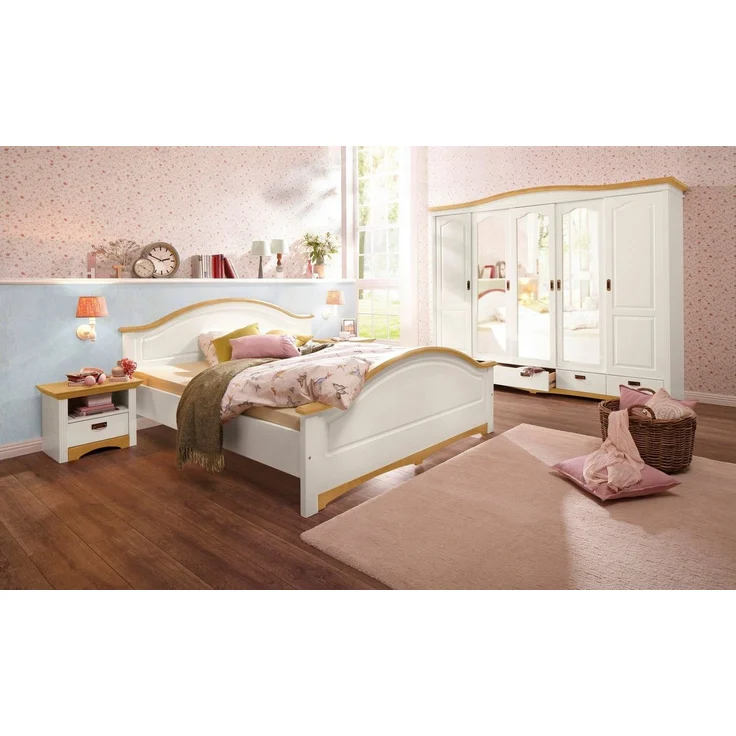 Home affaire Schiebetürenschrank Konrad, Landhausstil, rustikal, mit Schubladen + Spiegel, Kassetten massive Kiefer, FSC®-zertifiziert, Messinggriffe, mehrere Varianten – Bild 3