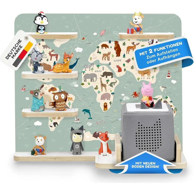 stadtecken Holzregal für Musikbox I Geeignet für die Toniebox und ca. 35 Tonies I Perfekte Tonie Aufbewahrung im Kinderzimmer I Zum Aufstellen oder Aufhängen I Atlas, mit schmalen Boden