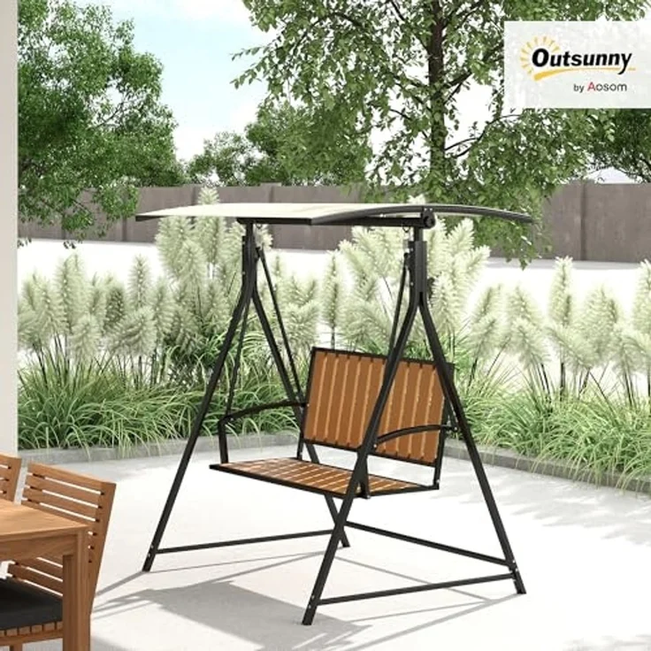 Outsunny Hollywoodschaukel mit verstellbarem Sonnendach, 2-Sitzer, Schaukelfunktion, 2-Sitzer Gartenschaukel, 1 tlg, wetterfest Schaukelbank, für Garten, Terrasse, 142 x 112 x 162cm, Schwarz – Bild 2