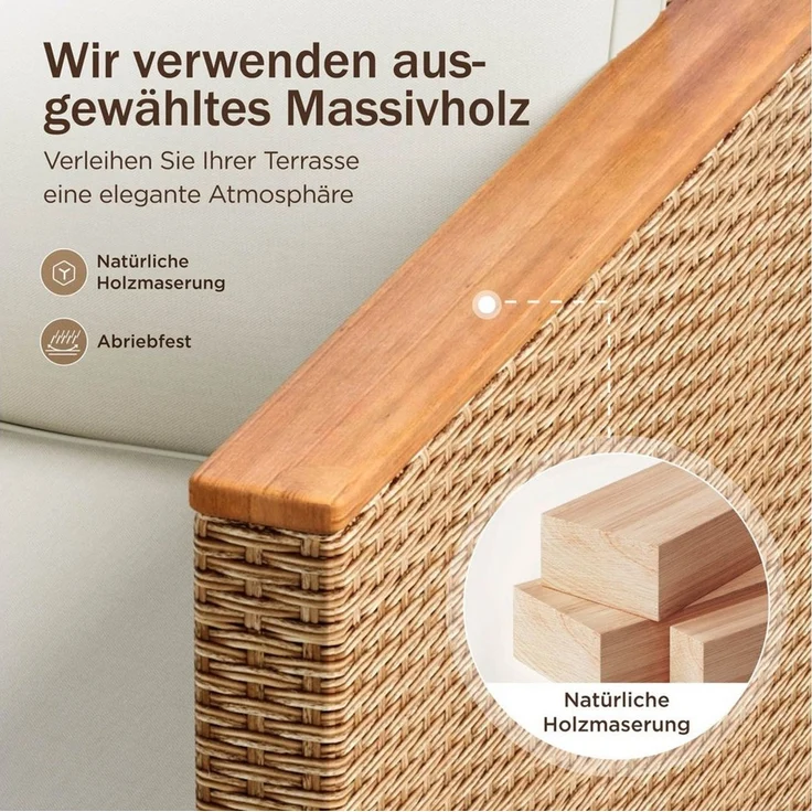 PHI VILLA Gartenlounge-Set, (3 Teilig Gartenmöbel Set Balkonmöbel Rattan Lounge, 1 Chaiselongue, 1 Zweisitzer-Sofa und 1 Kleiner Couchtisch), 4 Personen Terassenmöbel Außen Gartensofa – Bild 3