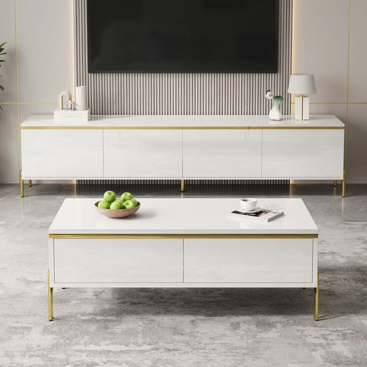 EINHOM Modernes Luxus-TV-Schrank- und Couchtisch-Set, Hochglänzende Oberfläche in Unifarbe, Goldene Kanten, Großzügiger Stauraum – Bild 6