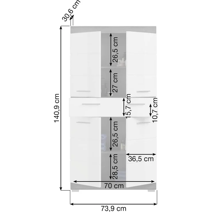 Badezimmer Midischrank Shawn in weiß Hochglanz und Rauchsilber grau 74 x 141 cm – Bild 3