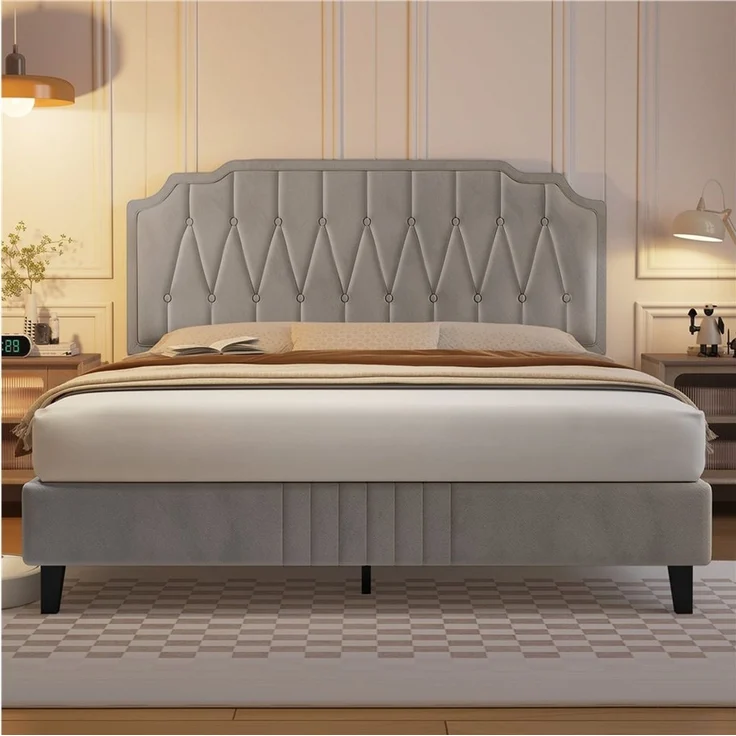 Yaheetech Polsterbett, Doppelbett 140 × 200 cm mit höhenverstellbarem Kopfteil, Beige – Bild 2