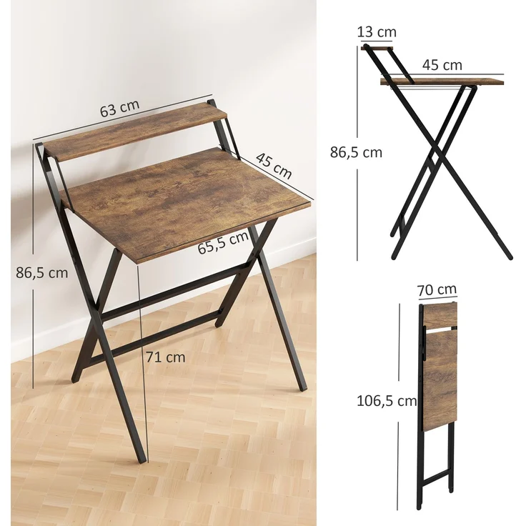 MELAYR, Klappbarer Schreibtisch 65,5 x 45 cm mit Ablagefach für Schlafzimmer und kleine Räume, Rustikales Braun – Bild 5