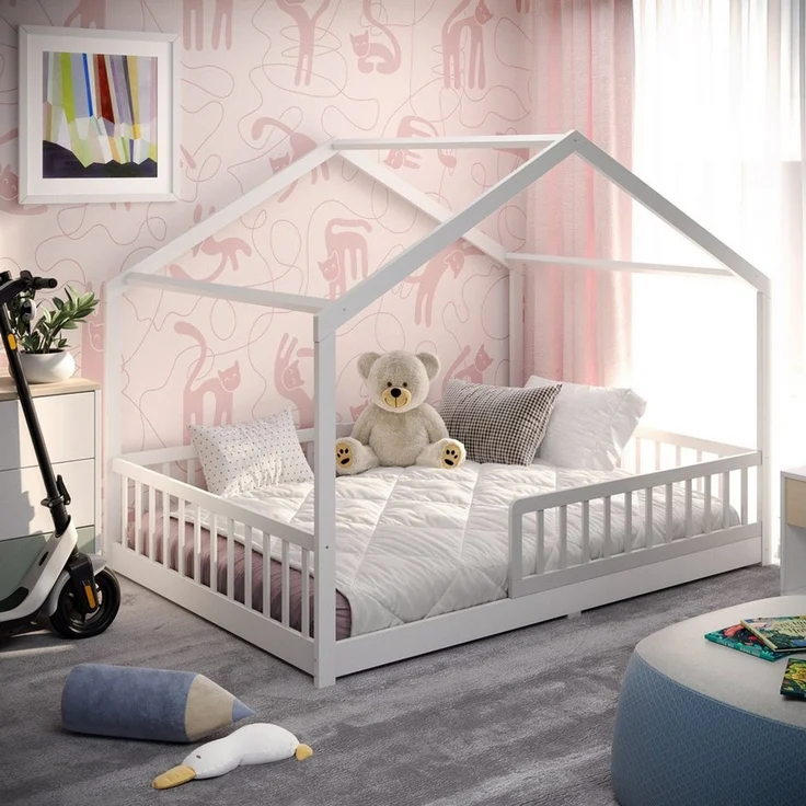 CADANI Kinderbett Malte Bodenbett Hausbett weiß (Rausfallschutz abnehmbar), Bodenbett Hausbett mit Roll-Lattenrost – Bild 1