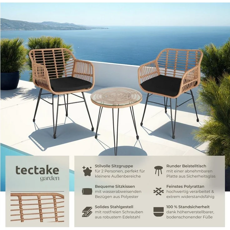 tectake Sitzgruppe Rattan Sitzgruppe, (Set, 3-tlg), für 2 Personen – Bild 1