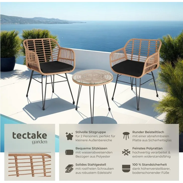 tectake Sitzgruppe Rattan Sitzgruppe, (Set, 3-tlg), für 2 Personen
