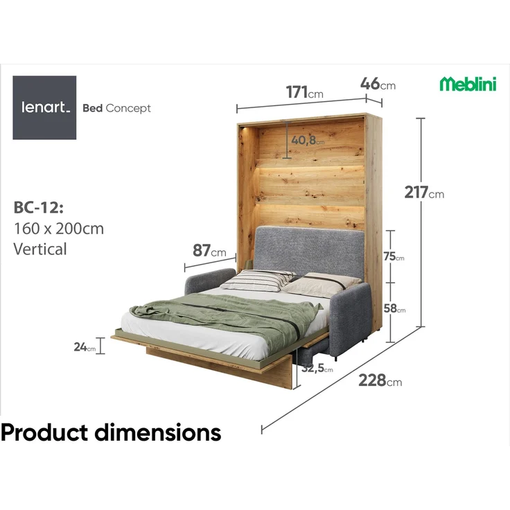 MEBLINI Schrankbett BC-12 - 160x200cm Vertikal - Artisan Eiche/Dunkelgrau - mit Sofa - Wandbett mit Lattenrost - Klappbett mit Schrank - Wandklappbett - Murphy Bed – Bild 7