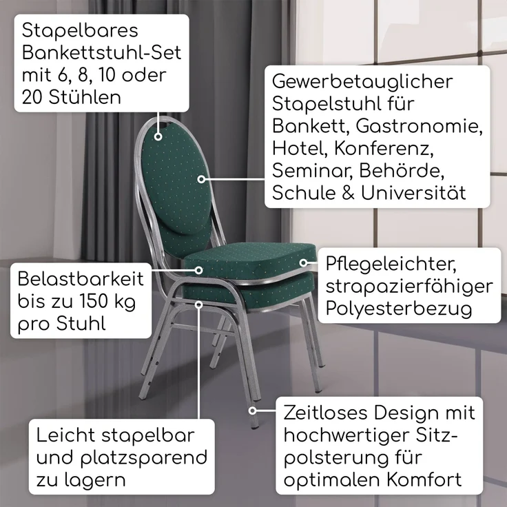 Raburg Stapelstuhl Bankettstuhl gepolstert & stapelbar, stabiler Metallrahmen, Vienna (Set), bis 150 kg belastbar, für Konferenz & Seminar – Bild 2