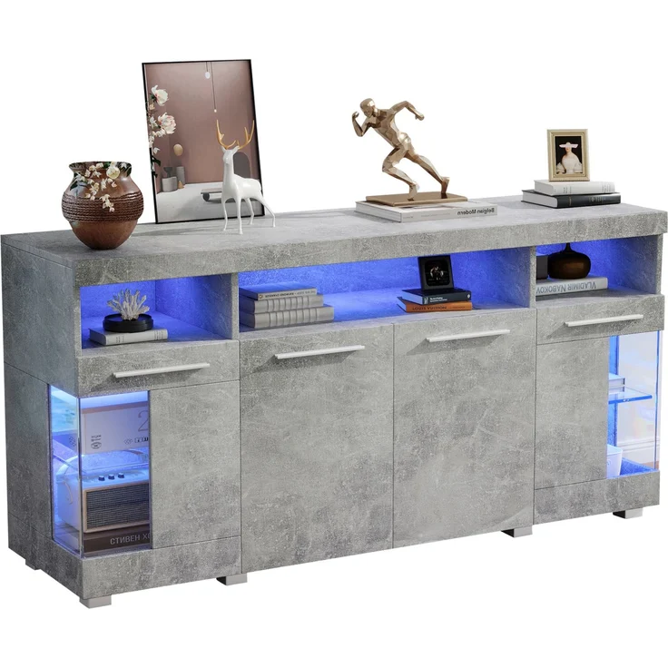 DESVIAE Sideboard mit LED-Beleuchtung und Glastüren, 140x70x40 cm, MDF und Spanplatte, Grau – Bild 7