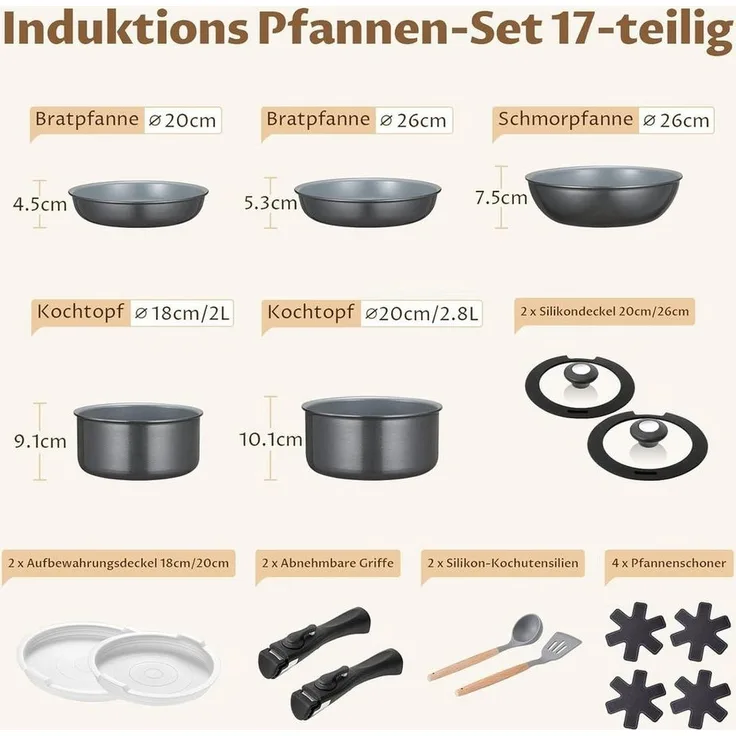 BEZIA Pfannen-Set Induktions Töpfe Set, Keramik Pfannenset mit abnehmbaren Griffen, Aluminium (17-tlg), natürliche Keramikbeschichtung, 30% Energieersparnis