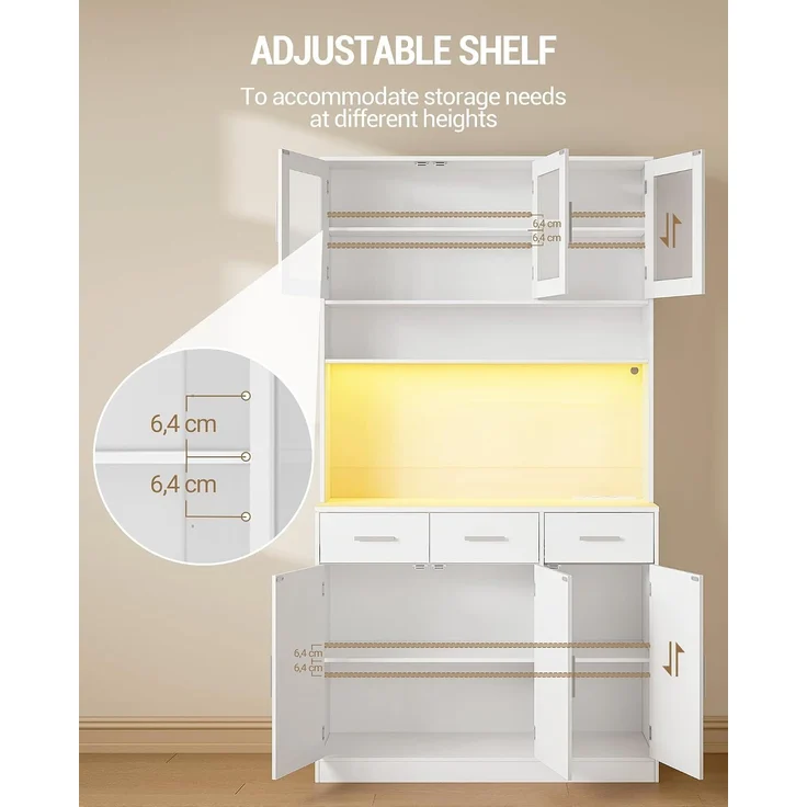Buffetschrank, Küchenschrank mit 3 Schubladen, Hochschrank mit Steckdosenleiste und LED-Beleuchtung, 3 Schranktüren mit Glasfront, Küche, Wohnzimmer, 40 x 100 x 190 cm, Weiß – Bild 8