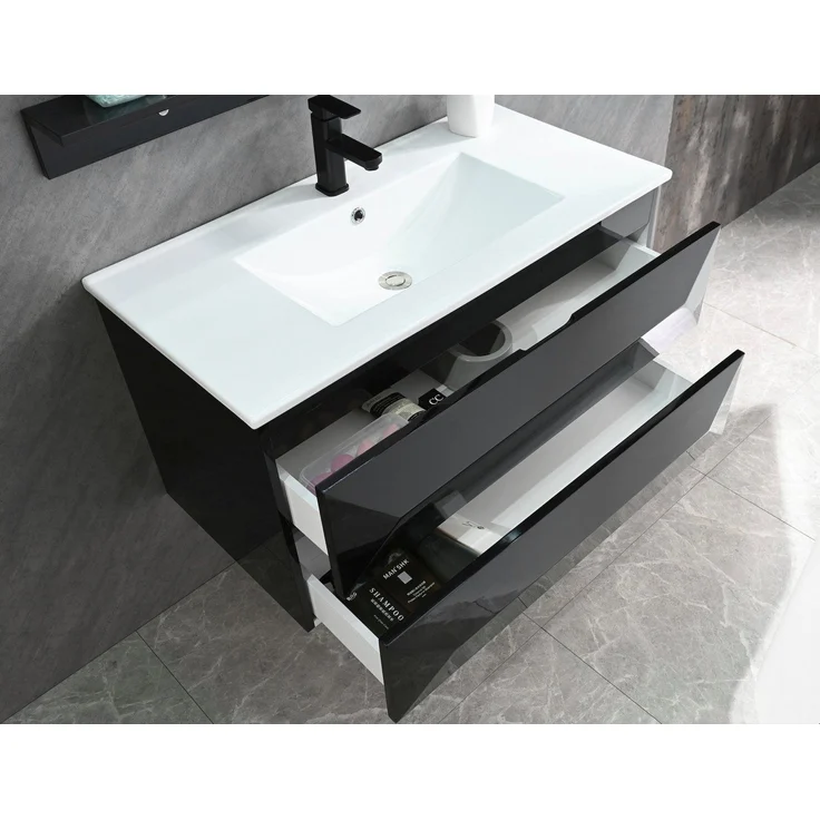 Badmöbel Set Miran 90 cm Schwarz, Keramikbecken & Spiegel 1x Seitenschrank Rechts, 1x Waschbeckenunterschrank, 1x Spiegelablage, 1x Spiegel – Bild 3