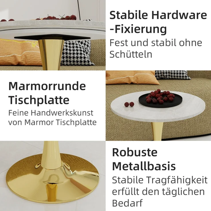Novelux Runder Kaffeetisch Gold 70cm, Marmortisch Rund Weiß, Mid-Century Modern Esstisch für 2-4 Personen, Platzsparender Wohnzimmertisch – Bild 3