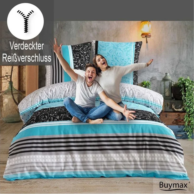 Buymax Bettwäsche Sara, Renforcé: 100% Baumwolle, 3 teilig, 200x200 cm, mit Reißverschluss, Streifen Gestreift Türkis Grau Schwarz – Bild 3