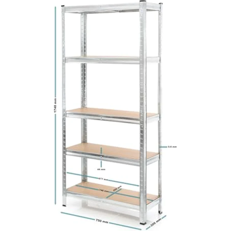 Wiltec Schwerlastregal 75 x 30 x 174 cm, Gesamtlast 875kg, Steckregal verzinkt aus Stahl, Lastenregal mit 5 Ablagen, Werkstattregal – Bild 4