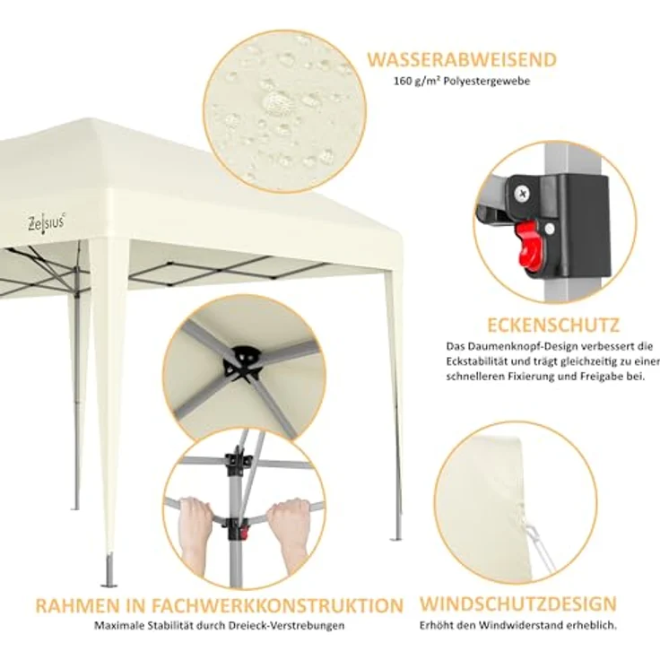Zelsius Faltbarer Pavillon 3x6 m, Pop-Up Faltpavillon UV30 mit wasserabweisendem Dach, klappbares Gartenzelt mit Tragetasche – Bild 4