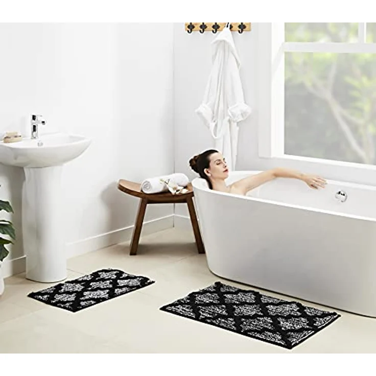 Penguin Home® Mikrofaser-Plüsch-Badematte,2er-Set,Vierpass-Design,schwarze Farbe,Rechtecke,saugfähiger,waschbarer Toilettenvorleger,2-teiliges rutschfeste Latex-Rückseite,Größe 40x60 cm und 50x80 cm – Bild 4