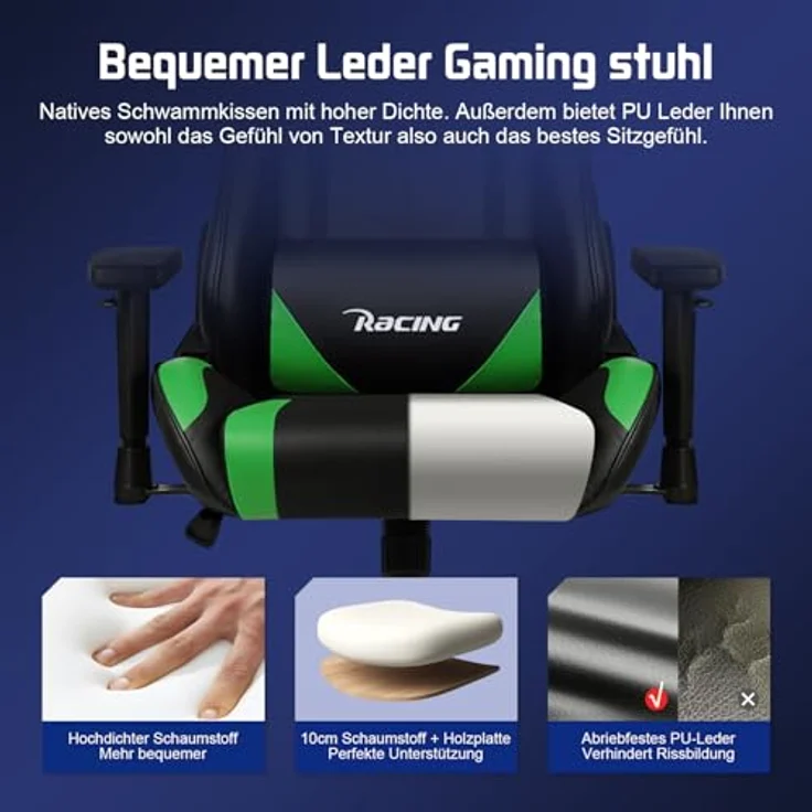 Homimaster Gaming Stuhl, Bürostuhl Ergonomisch mit verstellbare Lendenkissen, Kopfkissen und Armlehnen, Gaming Chair Gepolstert, Gamer Stuhl Wippfunktion, Gaming Stuhl 150 kg Belastbarkeit – Bild 8