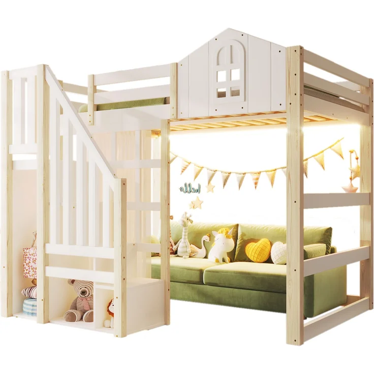 Merax 140x200cm Hochbett, Kinderbett, Mit LED-Leuchten, Ablageleiter, offenem Staufach, mit Weiße Gazevorhänge, ohne Matratze, Weiß+Natur – Bild 10