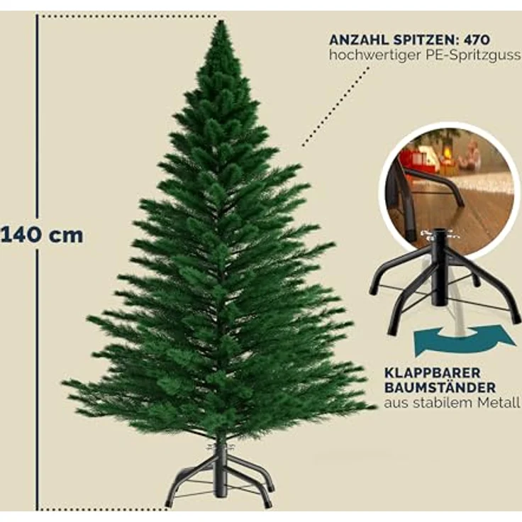 Casaria Künstlicher Weihnachtsbaum, 140cm dichte Spitzen naturgetreu Metallständer Schnellaufbau flammfest – Bild 8
