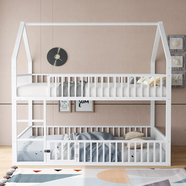 Kinder-Etagenbett 140*200, Metall-Doppelbett, Kinder-Familienbett, Etagenbett mit Treppe, Loft-Design, Unteres Bett mit kleiner Tür zum Öffnen und Schließen, Weiß – Bild 2