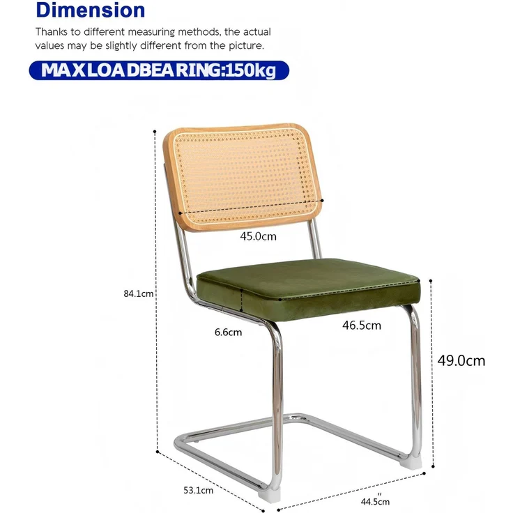 LVHOM Freischwinger 2er Set Esszimmerstuhl, Retro Küchenstuhl mit Chromgestell & Rattan-Rückenlehne, gepolsterter Samtsitz, stapelbar, moderne Wohnzimmerstuhl, Olivgrün – Bild 4