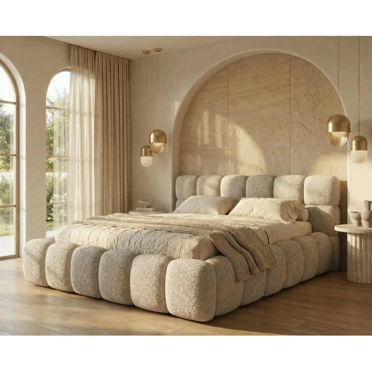 yourhouse24 Polsterbett Boston Slim Bouclé kompaktes Wolkenbett mit Bettkasten, Bubble-Optik & Japandi – Bild 1