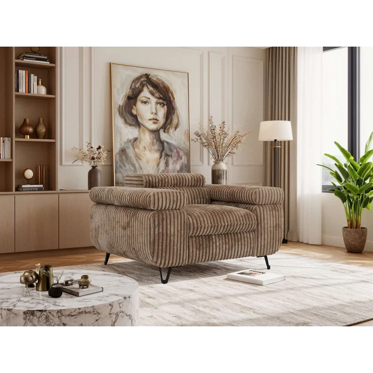 Einzelsessel, Polstersessel PETER mit verstellbaren Armlehnen und Kopfstütze, 1-Sitzer Sofa, Ohrensessel, Wellenfeder - Braun Cord – Bild 1