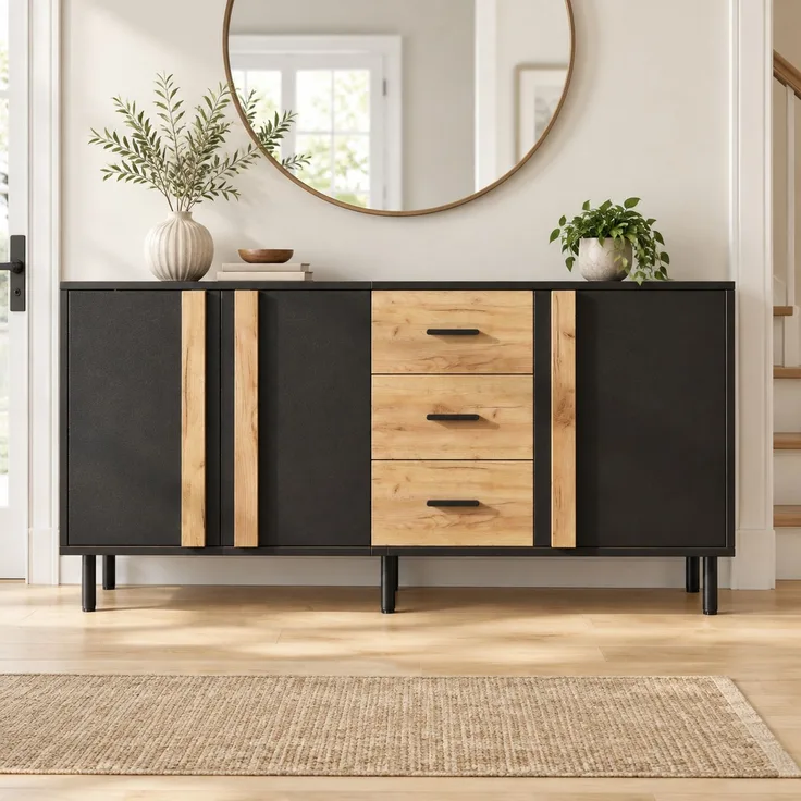 DESVIAE Sideboard Schwarz/Holzoptik aus MDF – 140x70x35 cm – 3 Türen, 3 Schubladen