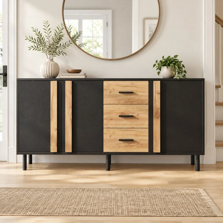 DESVIAE Sideboard Schwarz/Holzoptik aus MDF – 140x70x35 cm – 3 Türen, 3 Schubladen – Bild 1