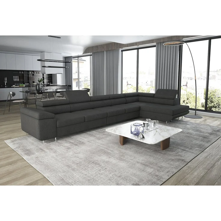 thematys Ecksofa ASTON MAXI 405 x 203 cm, mit Schlaffunktion, mit Bettkasten, mit verstellbaren Kopfstützen, Grau (Poso 60), Ausrichtung Rechts – Bild 1