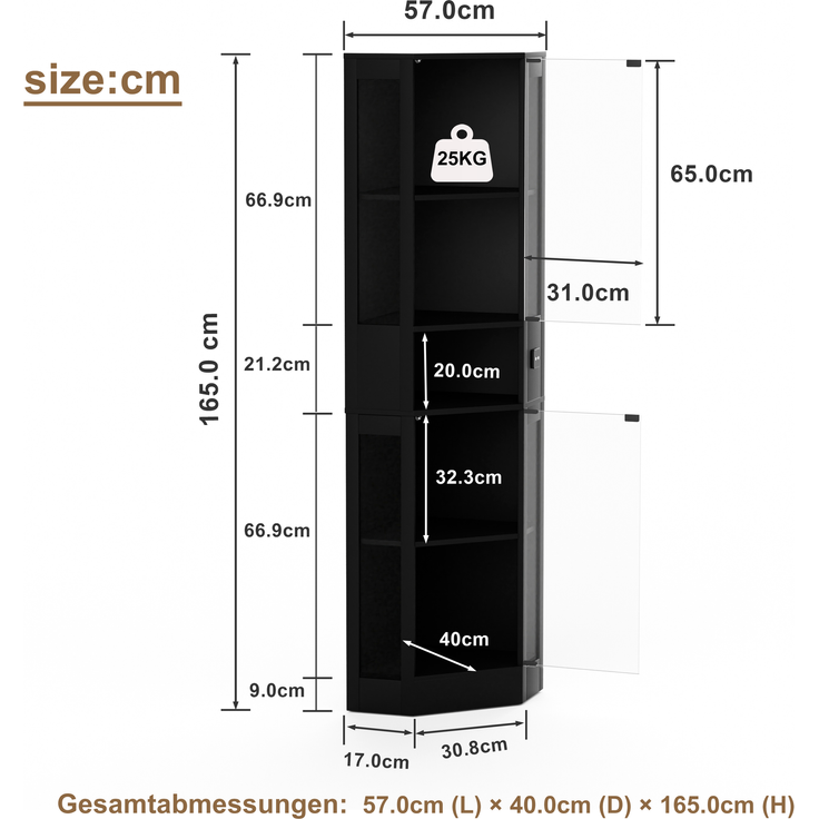 Fünfstöckige Glasvitrine mit Stauraum, LED-Beleuchtung, Glastüren und intelligenten Sensoren, Geeignet für Wohnzimmer, Schlafzimmer und Büros. Schwarz.--Schwarz--57x40x165cm--YOUDENOVA – Bild 7
