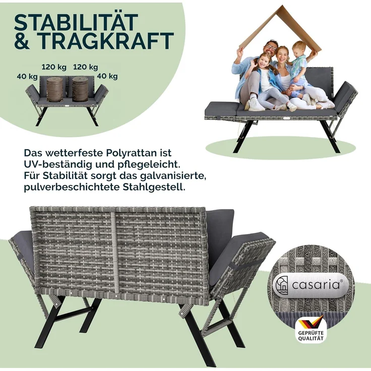 Casaria® Gartenbank mit Liegefunktion / Auflage / Kissen, Polyrattan grau, 176 x 56 x 81 cm – Bild 5