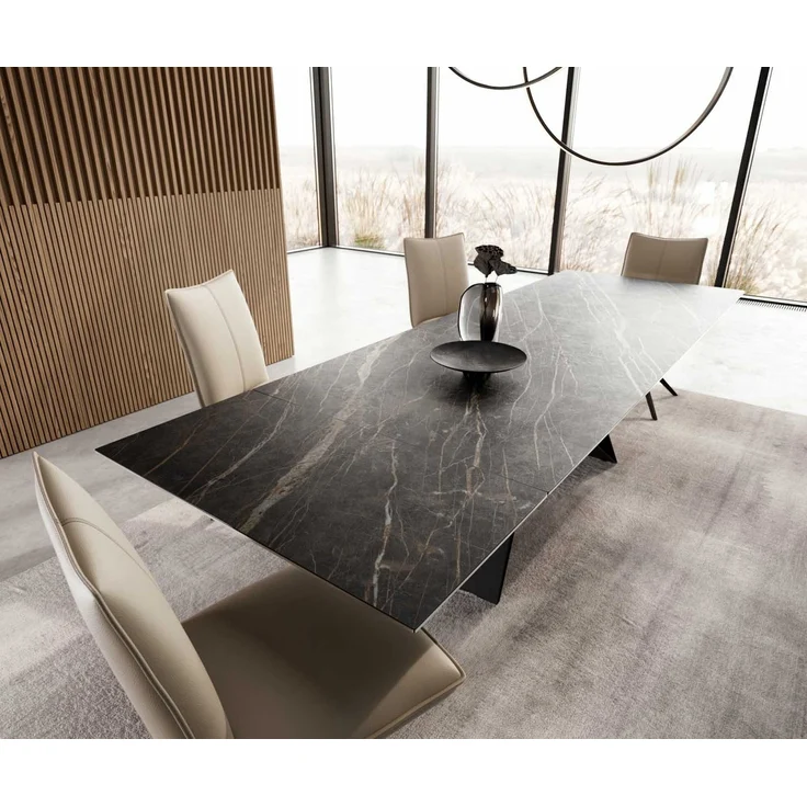 Esstisch Edge 200-300x100 Keramik Laminam®Noir Desir Braun V-Gestell Flachstahl Schwarz ausziehbar – Bild 4