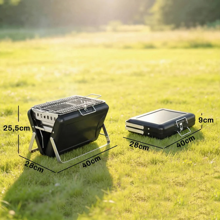 JARDJ Holzkohlegrill aus Edelstahl BBQ Smoker mit Grillrost Griff klappbaren Beinen für Barbeque Camping 40x28x25,5cm Schwarz – Bild 5