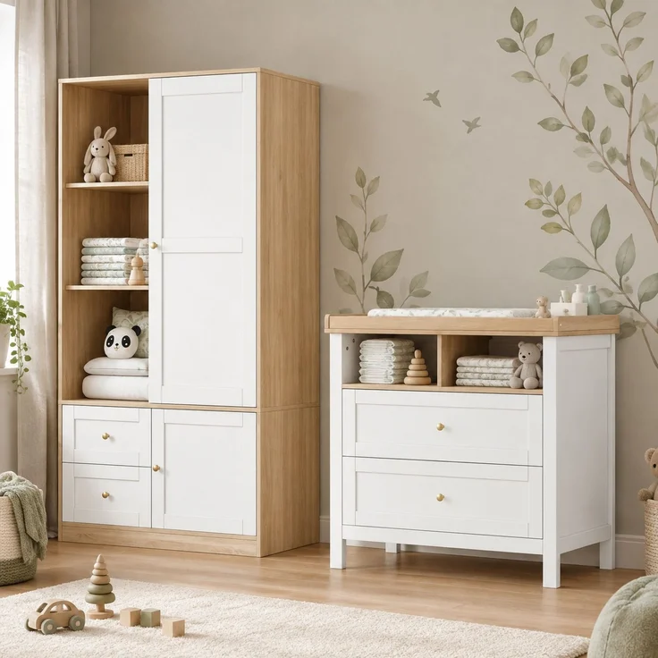 CHICFURN Kleiderschrank-Wickeltisch-Set mit Schiebetüren, Schubladen und abnehmbarem Schutzgitter Natur+Weiß 90x50x180 cm – Bild 7
